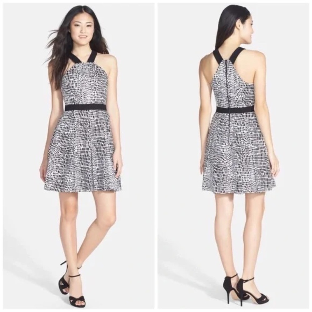 Trina Turk Cotton Fit & Flare Zola Halter Black White Mini Dress Sz 2 Made USA
